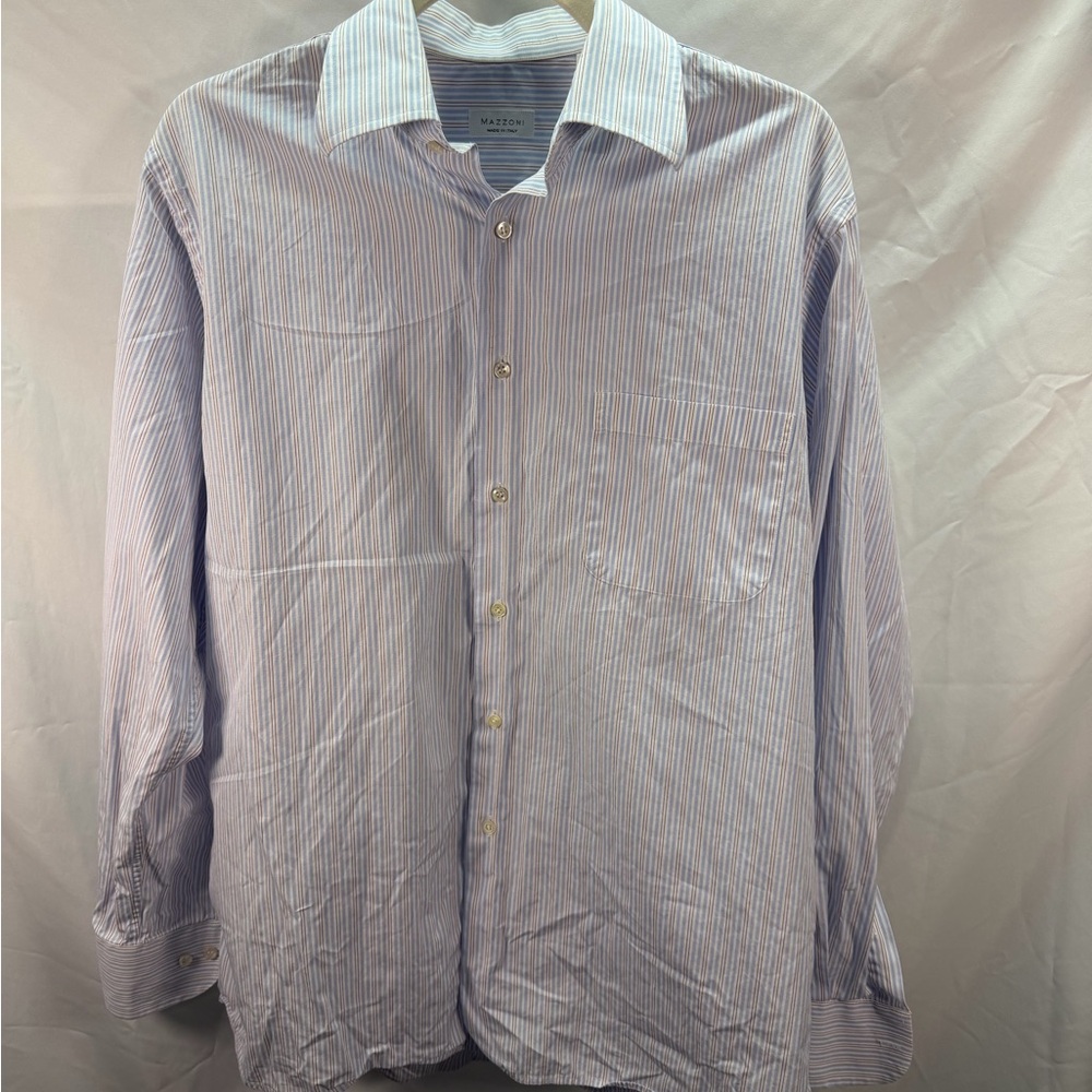 Mazzoni Shirt Men Sz 16 34/35 Blue White Striped Cotton Pocket Dress Made/Italy
